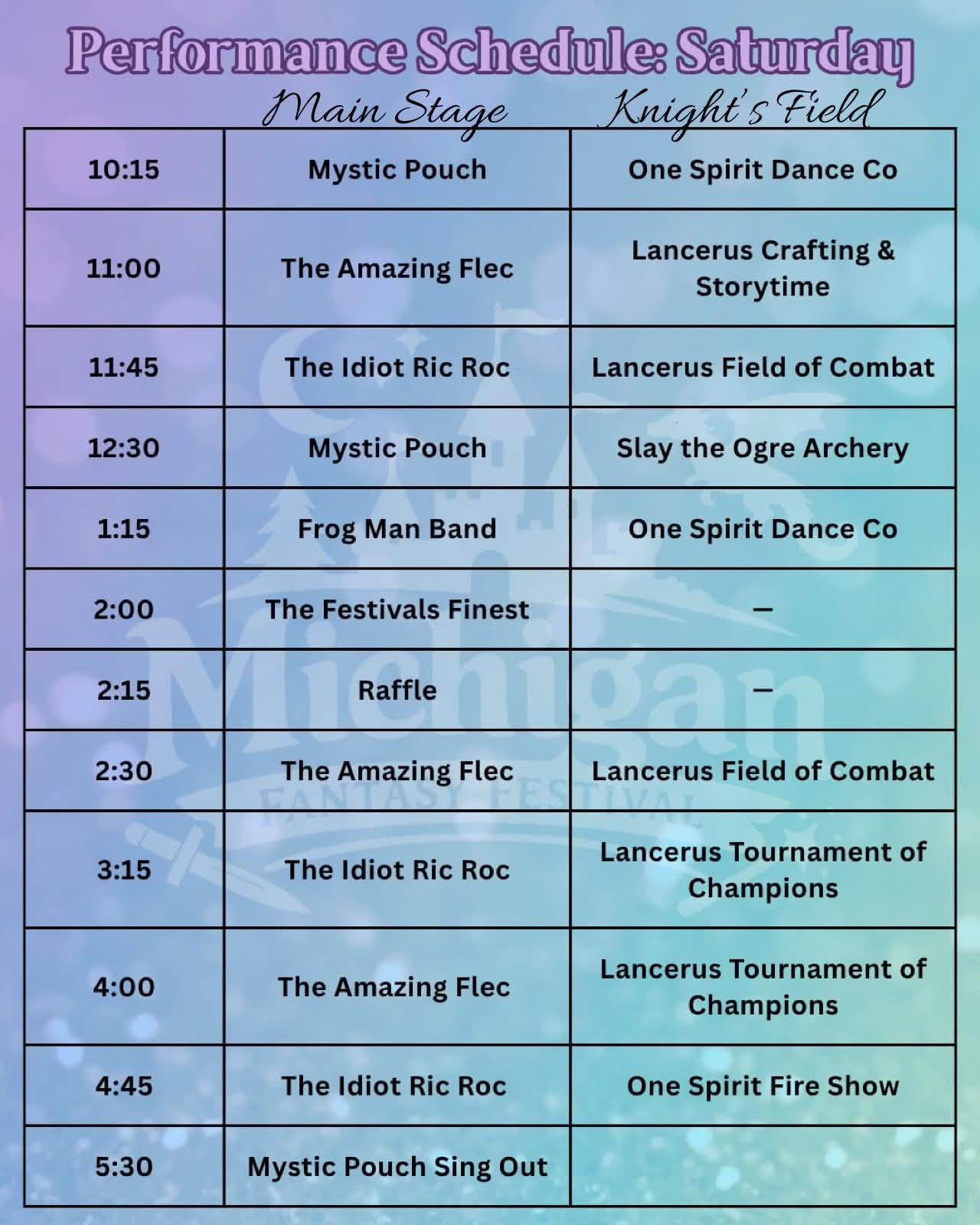 Michigan Fantasy Festival Saturday Performance Schedule