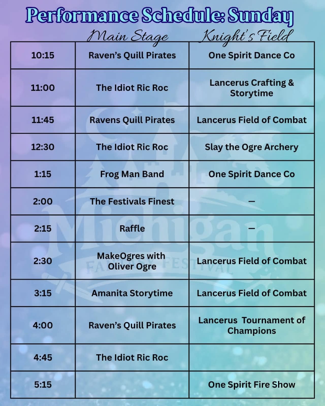 Michigan Fantasy Festival Sunday Performance Schedule